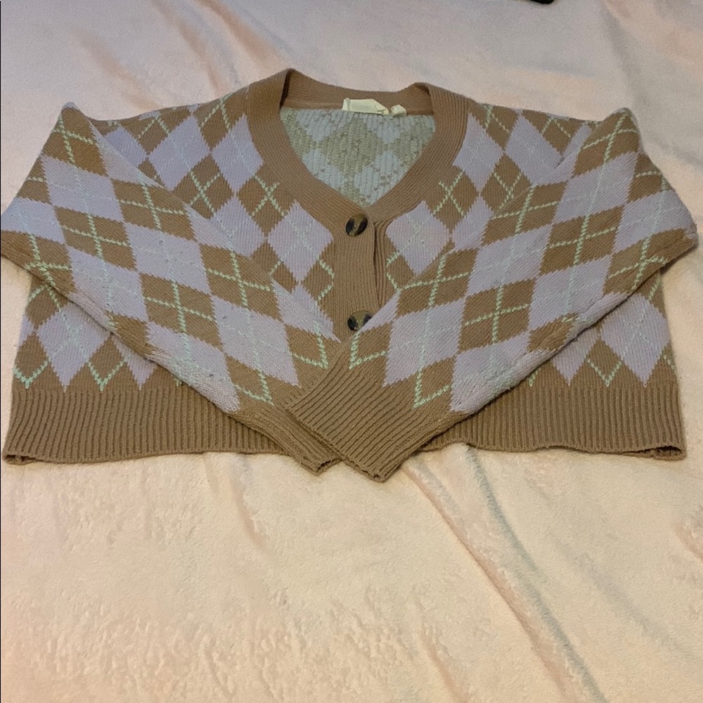 Argyle Patterned Brown and Cream Cropped Sweater